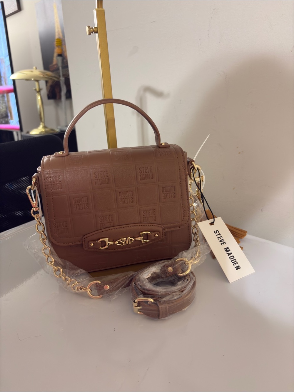 Steve Madden Brown Quilted Satchel with Gold Chain Accent